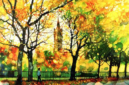 Watercolor autumn park with yellow orange leaves and University Tower print