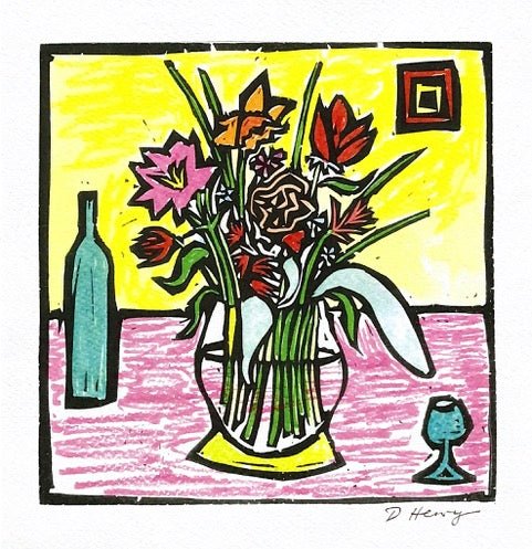 Vase Of Flowers With Bottle And Glass - The Nancy Smillie Shop - Art, Jewellery & Designer Gifts Glasgow