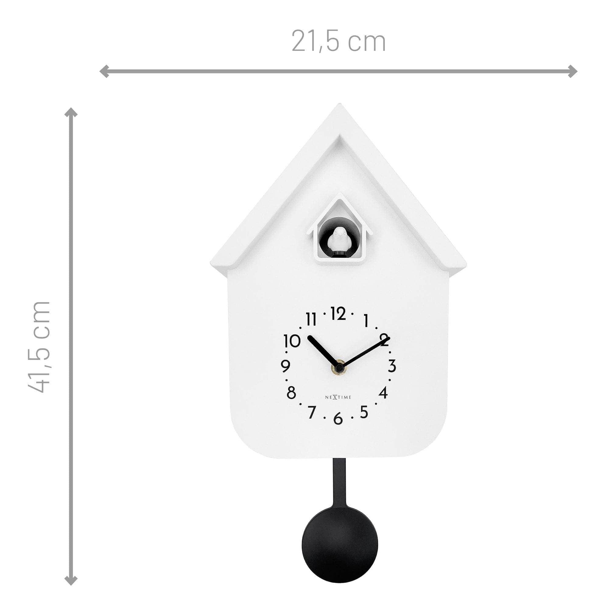 White NeXtime Twitter cuckoo clock with birdhouse design and pendulum