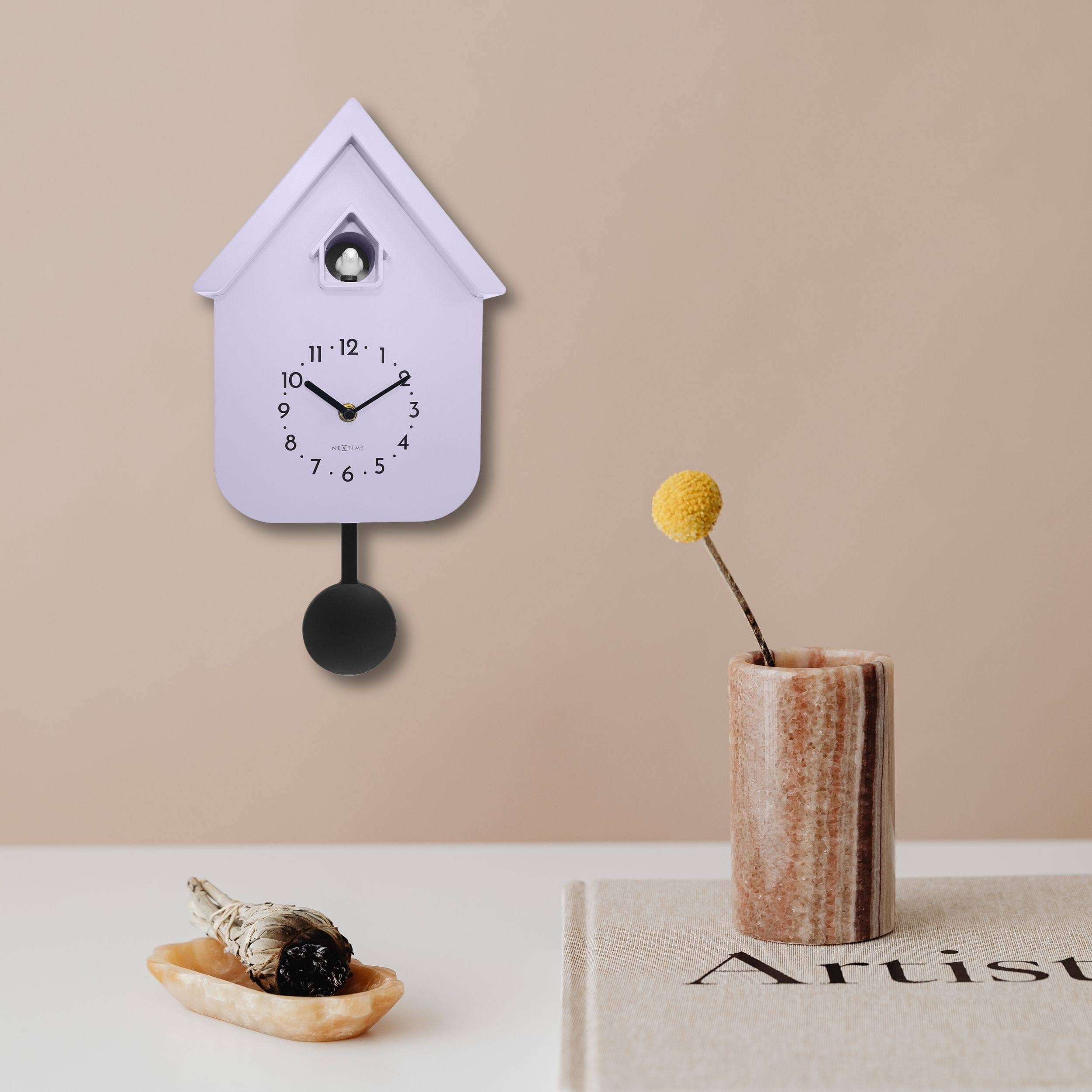 White NeXtime Twitter cuckoo clock with birdhouse design and pendulum
