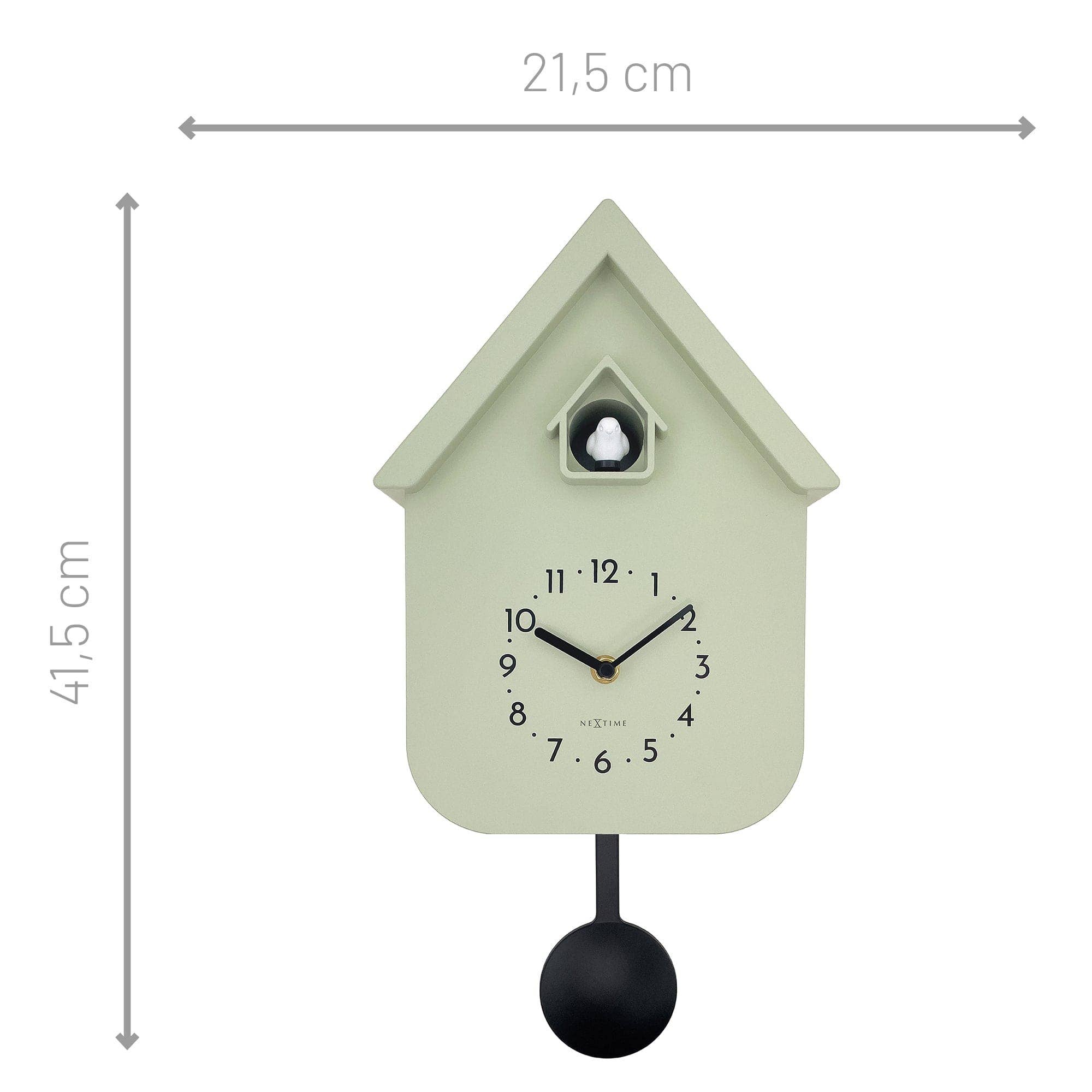 Pale green house-shaped NeXtime Twitter cuckoo clock with black pendulum