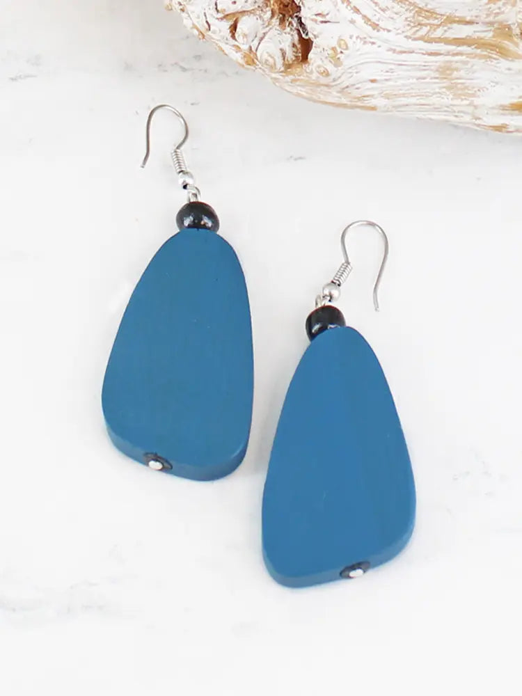 Teal teardrop wooden pebble earrings with black beads and silver hooks
